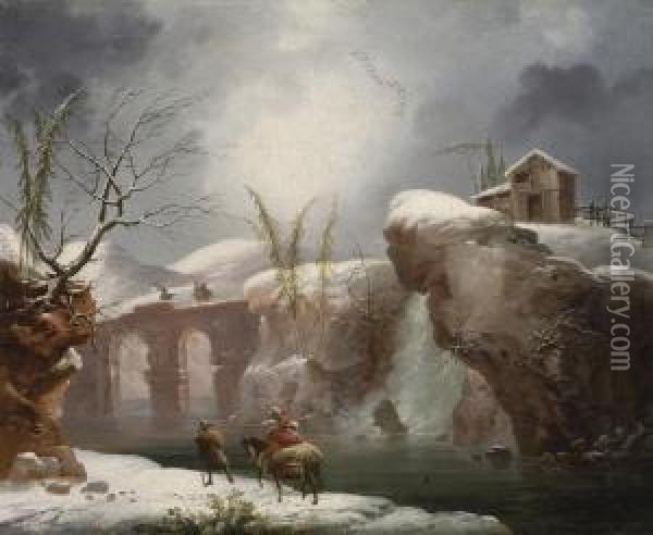 A Winter Landscape With Travellers By A River Oil Painting - Francesco Foschi
