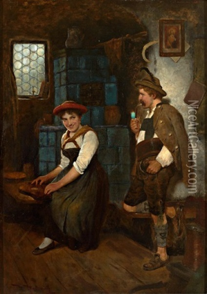 Tandelndes Paar In Einer Stube: Zitherspielerin Und Fescher Junger Mann Oil Painting - Maximilian Wachsmuth