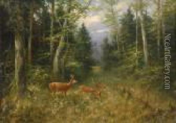 Waldlichtung Mit Rehwild. Oil Painting - Otto Scheuerer