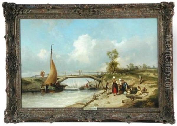 River Landscape With Barges Oil Painting - Charles Hoguet