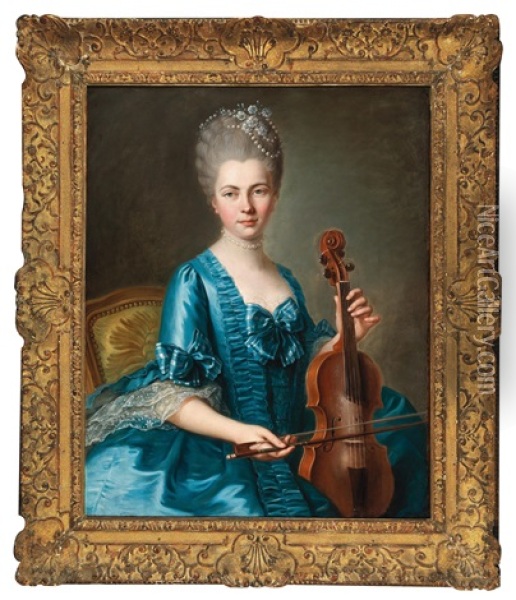 A Young Lady In A Light-blue Silk Dress Playing A Violin Oil Painting - Guillaume Voiriot