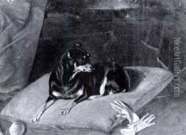 A Manchester Terrier On A Red Pillow Oil Painting - John Frederick Wheeler