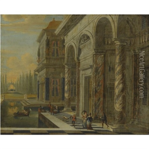 An Architectural View With Elegant Figures Conversing Oil Painting - Jacob Ferdinand Saeys