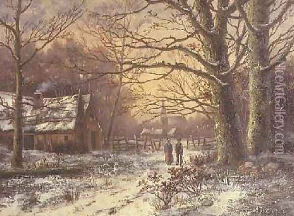 Figures on a path before a village in winter Oil Painting - Johannes Hermann Barend Koekkoek