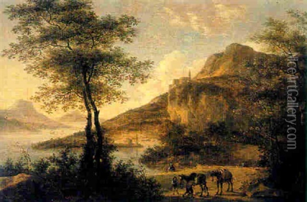 Travellers An A Mountainous River Landscape Oil Painting - Jan Dirksz. Both
