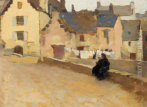 An elderly couple sitting at the side of a village street Oil Painting - French School