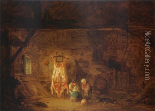 A Barn Interior With Three Children Playing With A Pig's Bladder Oil Painting - Isaac Van Ostade