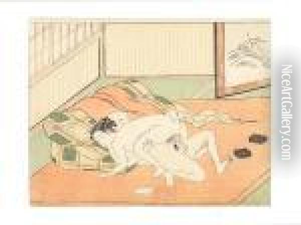 A Naked Couple Making
Love Beside A Folded Mattress Oil Painting - Suzuki Harunobu