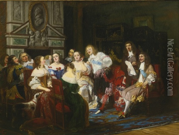 Une Lecture Chez Madame De Sevigne Oil Painting - Joseph Nicolas Robert-Fleury