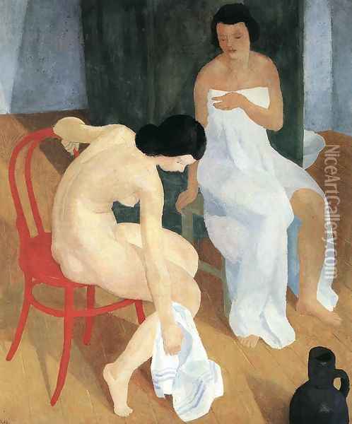 Bathing in the Morning 1930s Oil Painting - Karoly Patko