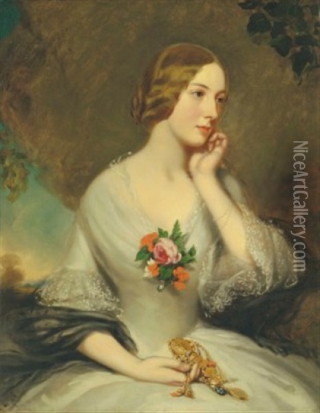 Portrait Of Elizabeth Baring, Nee Sturt (1827-1867), Wife Of Thomas George Baring, 1st Earl Of Northbrook, Half-length, In A Landscape Oil Painting - Richard Buckner