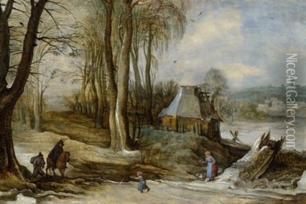 Winterlandschaft Mit Reiter Und Bauersleuten Oil Painting - Joos de Momper the Younger