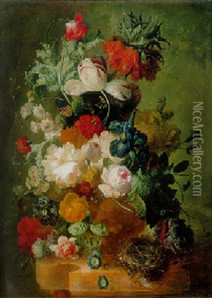 Roses, Peonies, Iris, Tulips And Other Flowers In A Sculpted Urn With A Birds Nest On A Ledge Oil Painting - Jan van Os