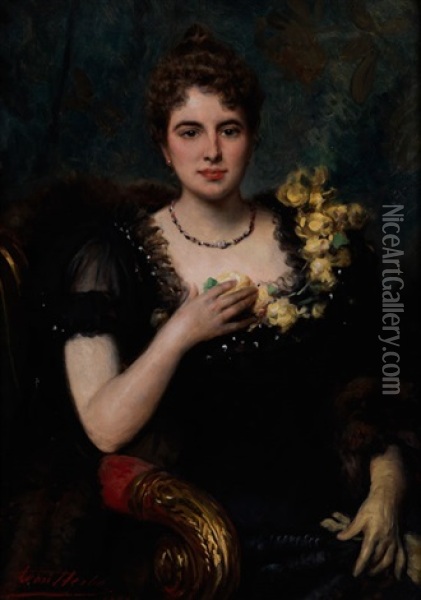 Portrait Einer Eleganten Jungen Frau Im Schwarzen Kleid Oil Painting - Leon Herbo
