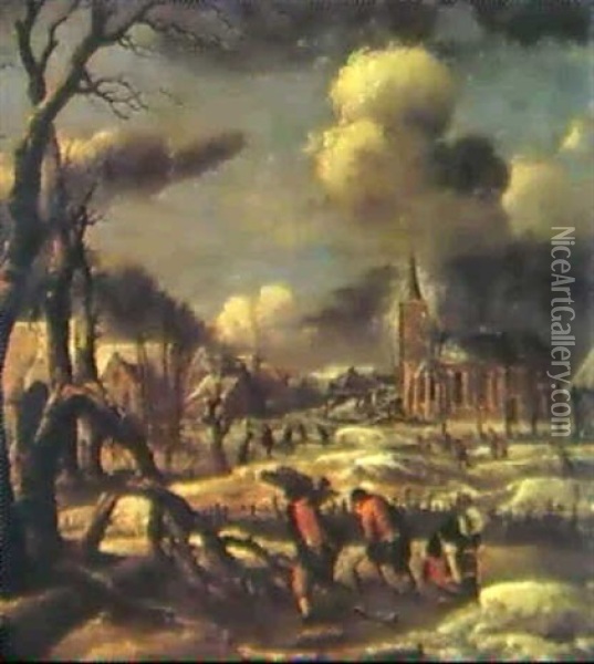 A Village In Winter With Peasents Gathering Faggots In The  Foregraound Oil Painting - Aert van der Neer