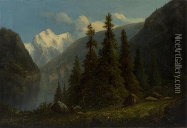 Lakeside Setting With Snow-capped Mountain In Background Oil Painting - Herman Geyer