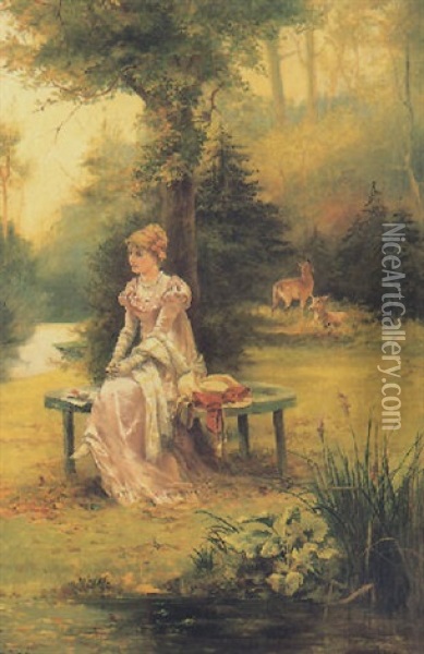 Woman Pondering Her Letter In The Woods Oil Painting - Laslett John Pott