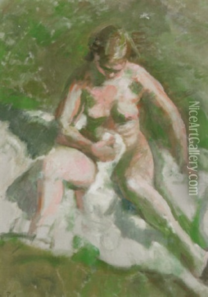 Siddende Model I Graesset Oil Painting - Julius Paulsen