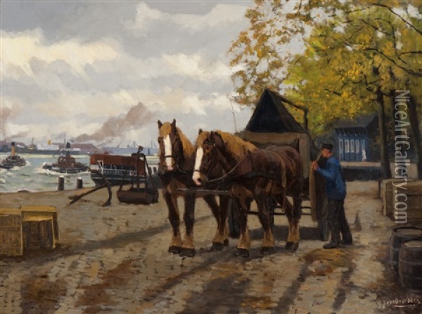 Autumn On The Quay Oil Painting - Gijsbertus Johannes Van Overbeek