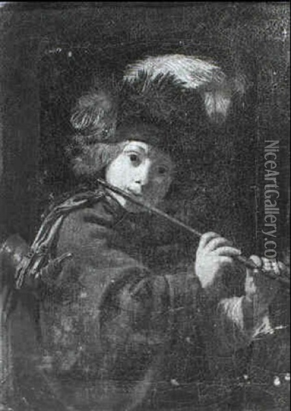 A Young Boy Wearing A Feathered Cap Playing A Flute Oil Painting - Arnold Boonen