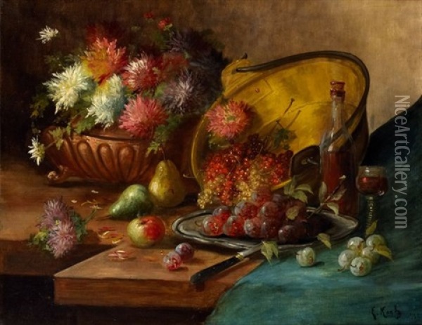 Nature Morte Aux Fleurs, Fruits Et Bassine De Cuivre Oil Painting - Martha Elisabeth Barboud Koch