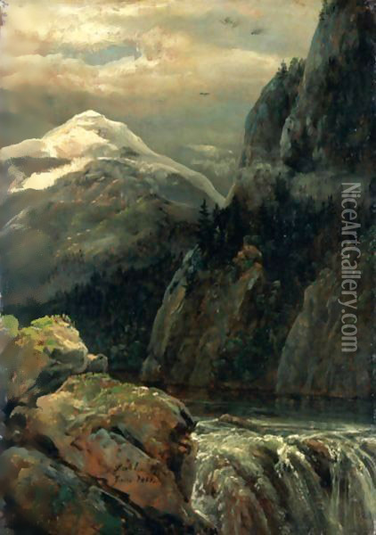 Nordisk Landskap Ved Innsjo (Nordic Landscape With A Lake) Oil Painting - Johan Christian Clausen Dahl