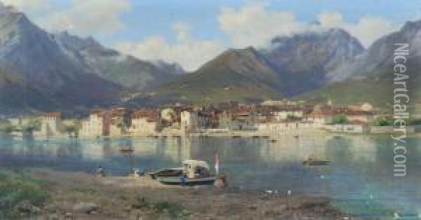 Veduta Di Pescarenico Con Barche In Primo Piano Oil Painting - Silvio Poma