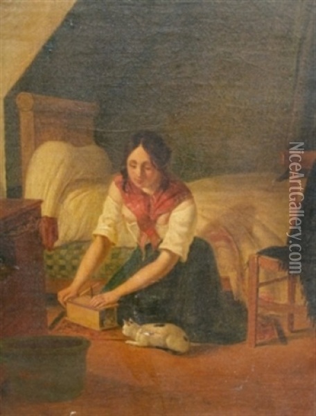 Girl With Cat (+ Girl On A Bed; 2 Works) Oil Painting - Albert Kindler