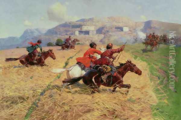Cossacks charging into battle Oil Painting - Franz Roubaud