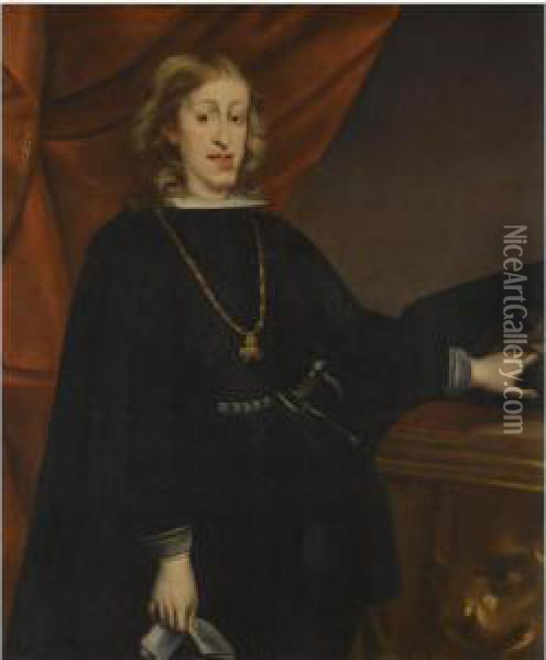 Portrait Of Charles Ii Of Spain, Three Quarter Length, Standing Inan Interior Oil Painting - Juan Carreno De Miranda