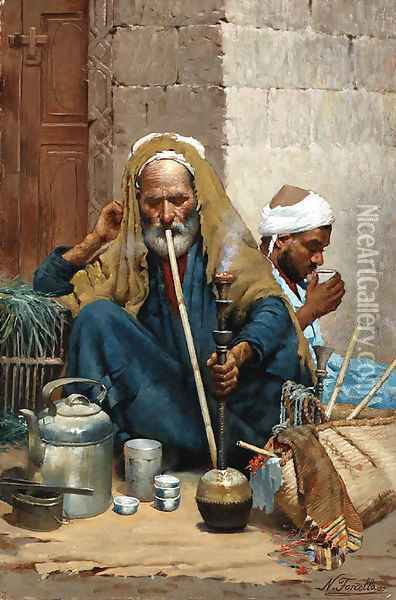 The hookah (The Old Carpet Seller) Oil Painting - Nicola Forcella