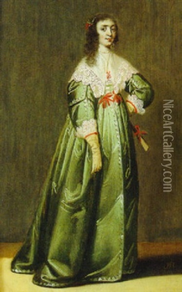Portrait Of A Lady, In A Green Dress With Red Ribbons And A Lace Collar Oil Painting - Jacob Frans van der Merck