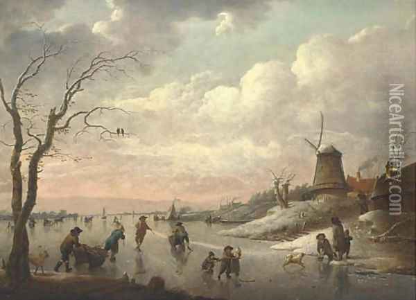 A winter landscape with peasants skating on a frozen river by a village with a windmill Oil Painting - Hendrik Willem Schweickardt