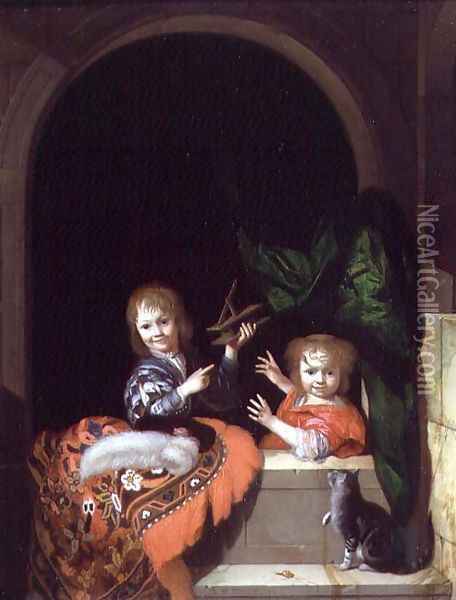 Two Children with a Mousetrap, 1692 Oil Painting - Adriaen Van Der Werff