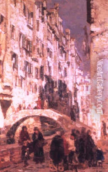 Figures Gathered Along A Venetian Side Canal Oil Painting - Beppe Ciardi