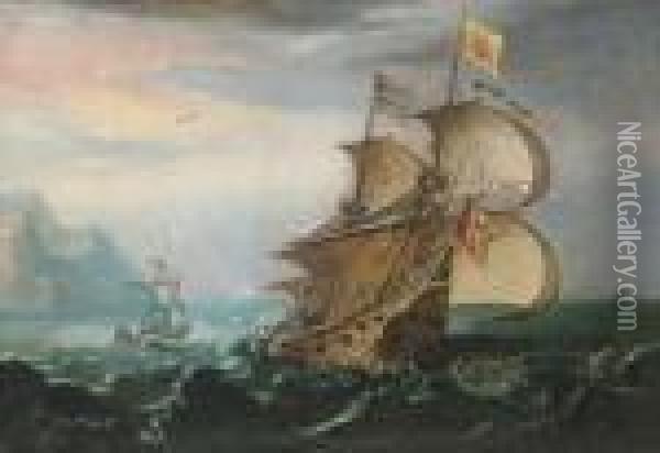 A Dutch Man-o'-war And Other Shipping In Choppy Seas Oil Painting - Cornelis Hendricksz. The Younger Vroom
