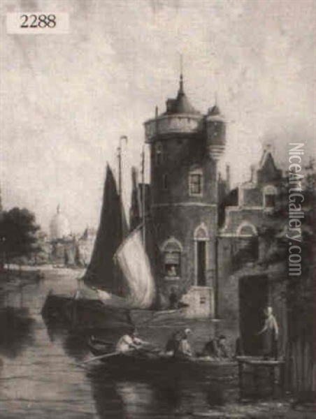 Dutch Canal Scene Oil Painting - William Raymond Dommersen