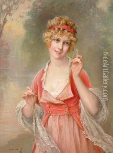 Young Lady Wearing Pink Dress And Holding An Eyeglass Oil Painting - Francois Martin-Kavel
