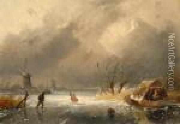 Winter Scene With Ice Skaters Oil Painting - Charles Henri Leickert
