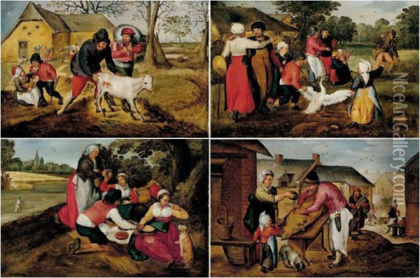 Peasants Slaughtering A Hog Within A Town Setting Oil Painting - Marten Van Cleve