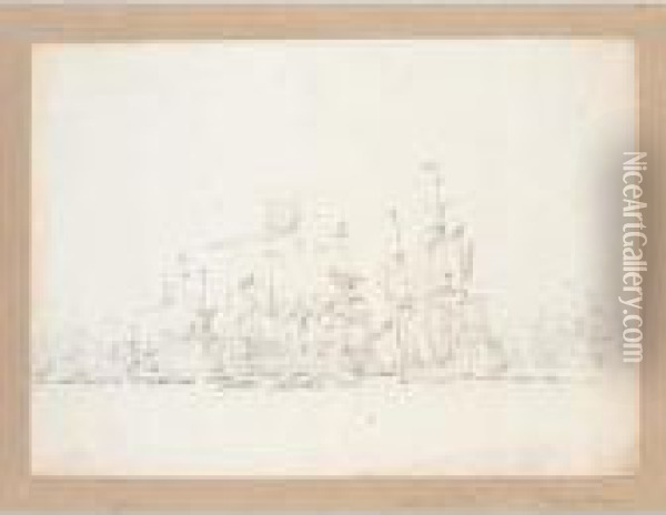 A Group Of Seven Views Of Ships At Sea Oil Painting - Willem van de, the Elder Velde
