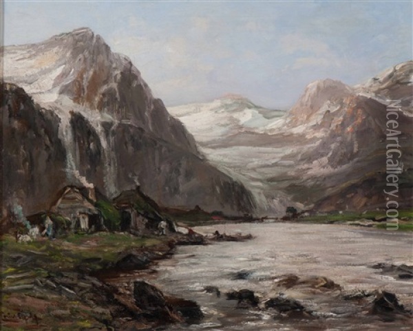 Fjord In Norway With A View Of Hammerfest Oil Painting - Louis Apol