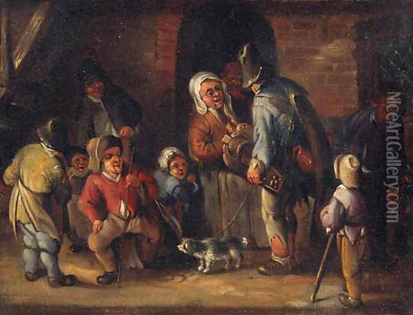 A hurdy-gurdy player conversing with peasants outside a cottage Oil Painting - Jan Miense Molenaer
