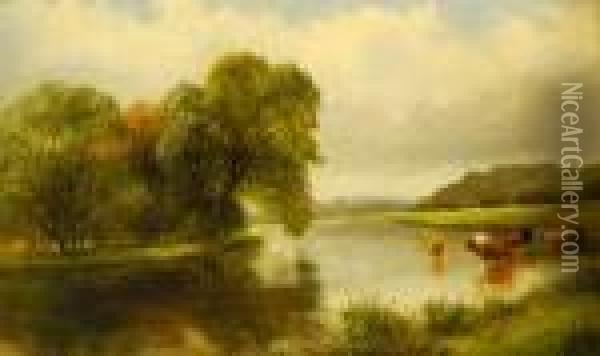 Cattle Watering In A Tranquil River Landscape Oil Painting - Louis Bosworth Hurt