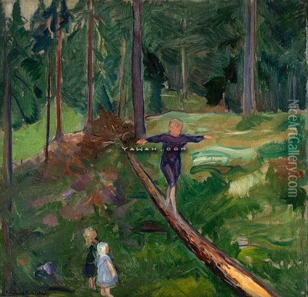 Barn I Skogen Oil Painting - Bernhard Folkestad