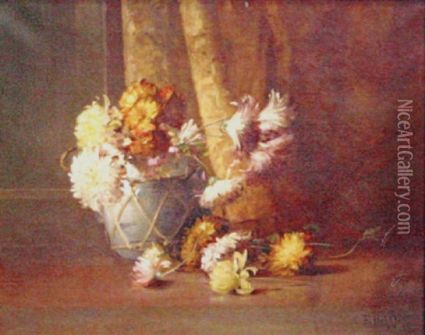 Still Life With Pink And Yellow Chrysanthemums In A Jar Oil Painting - Charles Porter