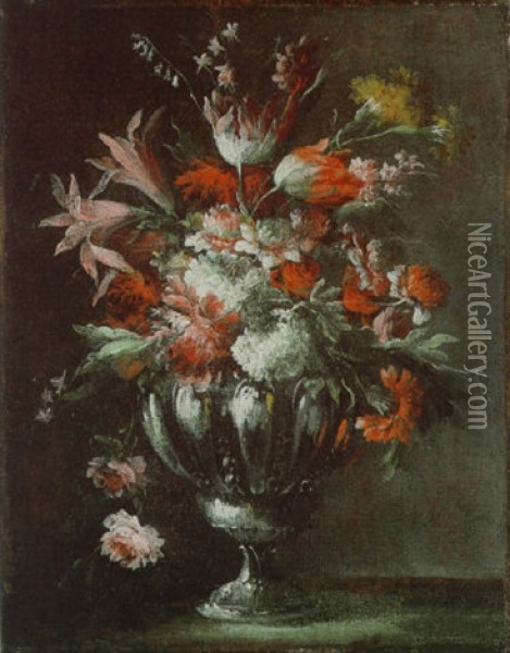 Blumenstraus In Einer Silbernen Prunkvase Oil Painting - Giuseppe Lavagna