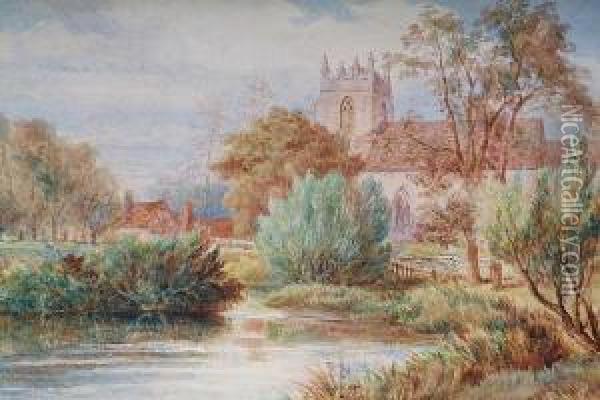 Church And Farm Near The River At Ashoe,warwickshire Oil Painting - Edmund Thomas Parris
