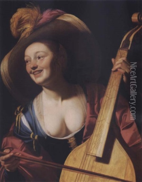 A Courtesan In A Straw Hat With A Viola Da Gamba Oil Painting - Gerrit Van Honthorst