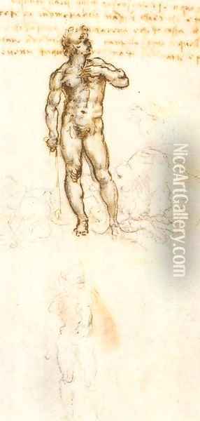 Study of David by Michelangelo (detail) Oil Painting - Leonardo Da Vinci
